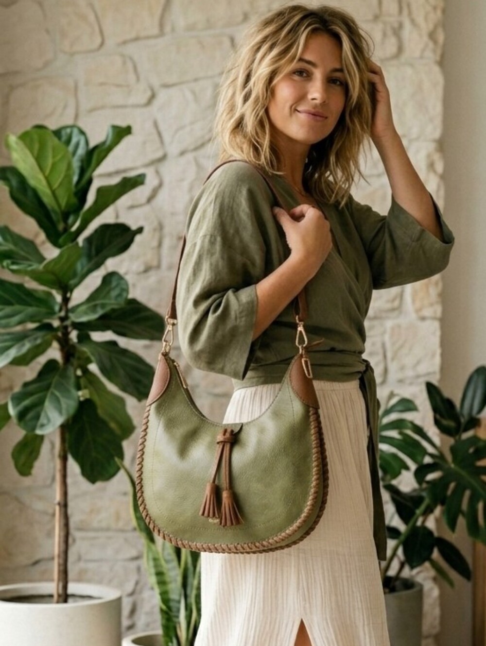 NEW! Boho Seafoam Green Cognac And Gold Accents Vegan Leather Shoulder Bag